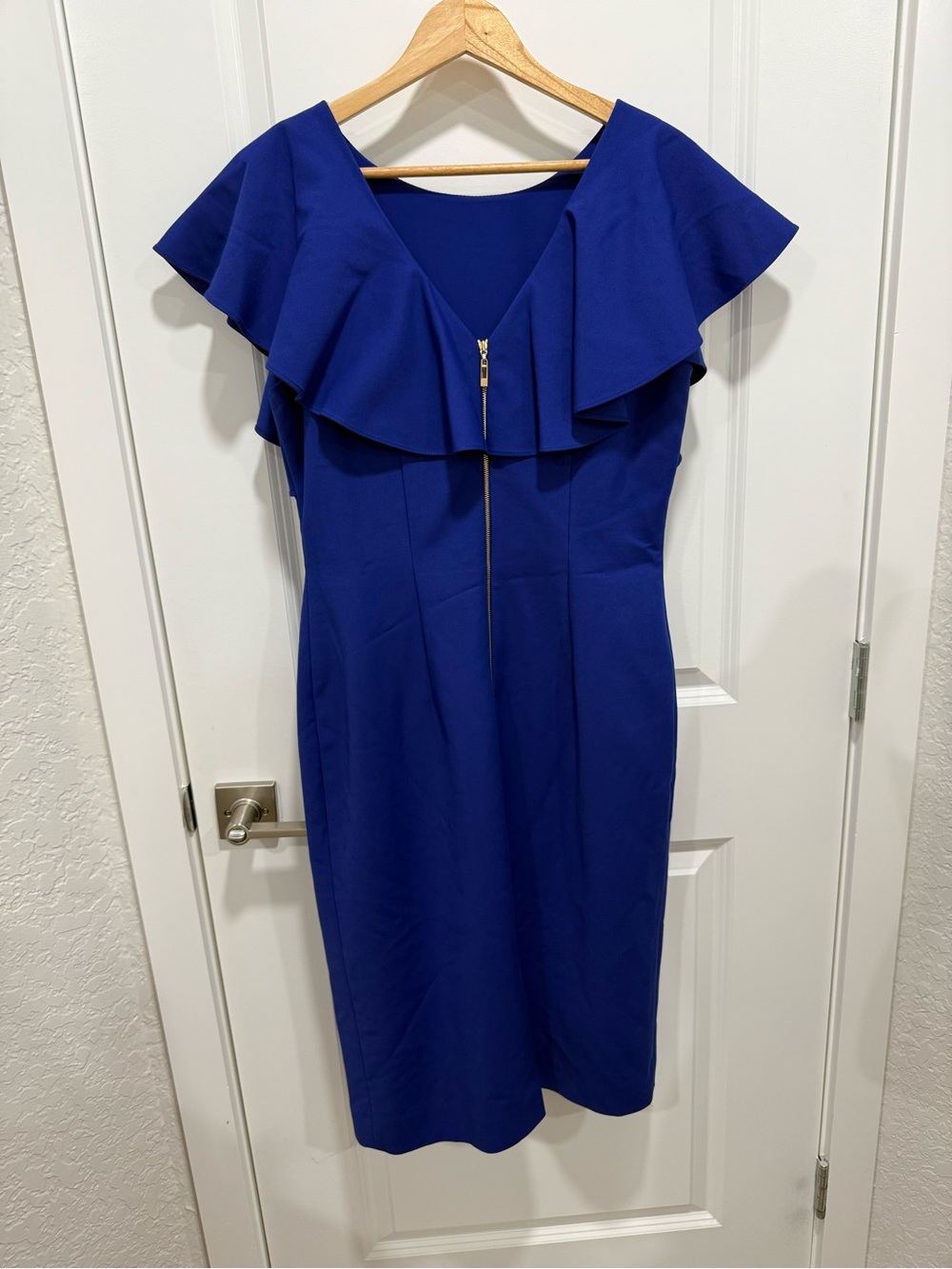 ANTONIO MELANI Cobalt Ruffle-Sleeve Midi Sheath Dress Size 8 - Picture 2 of 8